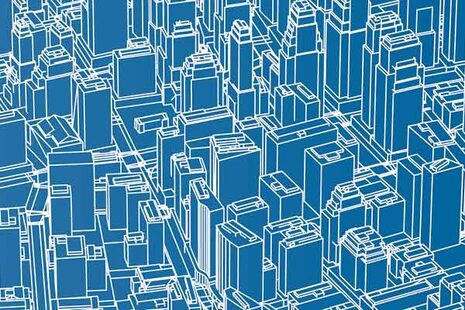 Blau-weiße Grafik, die Stadt mit Hochhäusern zeigt